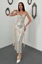 Women's Beige Sequin-Embellished, Lined, Ruffled Chiffon Evening Gown