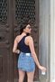 Ottoman Fabric One-Shoulder Buckled Cropped Top, Navy Blue - 5