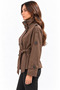 Women's Brown Short Mock Neck Trench Coat with Epaulets, Buttons, Lining, and Belted Design - 3
