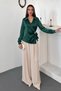 Women's Emerald Green Drapey Satin Blouse with Button Details - 3