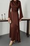 Women's Brown Drapey Satin Dress with Side-Tie Tie-Detail - 4