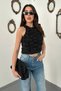 Women's Black Blouse with Rose Details and Lined Design - 2