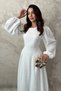 Women's White Skirted, Ruched, Lined, Long-Sleeved Cotton Dress - 3