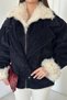 Women's Navy Blue Suede Jacket with Sheep's Wool Collar Detail and Embellishments - 4