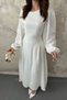 Women's White Skirted, Ruched, Lined, Long-Sleeved Cotton Dress - 4