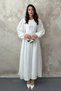 Women's White Skirted, Ruched, Lined, Long-Sleeved Cotton Dress - 2