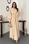 Women's Beige Pleated Cotton Front Zippered Dress - 2