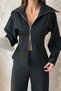 Women's Black Zipper-Front Stretch Fabric Top and Bottom Set - 4