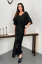 Women's Black Stretch Fabric Dress with a Pearl-Embellished Cape - 2