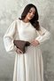 Women's Beige Long-Sleeved Skirted, Ruched, Lined Cotton Dress - 3