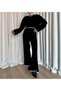 Women's New Season 2026 Fall-Winter Black Shepherd-Style Corded Fabric Pants and Cropped Sweater Knit Set - 2