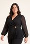 Women's Plus Size Pleated Gold-Buttoned Chiffon-Sleeve Crepe Crepe Top and Bottom Set with Pants, Black 032K