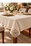 Gold-Threaded Piqué-Edged Cream Tablecloth with Detailed French Lace - Bridal Set - Custom-Made