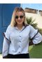 Women's Blue and White Striped, Brown Ruffled, Long-Sleeved Button-Down Shirt - 5