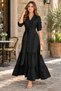 Women's Long Sleeve Skirt Frilly Waist Belted Tricotone Full Length Shirt Dress - 3
