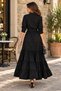 Women's Long Sleeve Skirt Frilly Waist Belted Tricotone Full Length Shirt Dress - 5