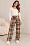 Women's Brown Plaid Patterned Fleece Pajama Bottoms – Soft Textured, Elastic, Comfortable Fit