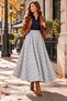 Gray Color Black Plaid Striped 90 cm Length Elastic Waist Full Flawed Skirt with Hidden Pockets