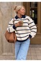 WOMEN'S SELANIK KNIT POLO COLLAR STRIPED Oversized SWEATER - 2
