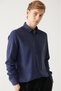 Men's Navy Blue Buttoned Collar Linen Blend Slim Fit Shirt B002001 - 3