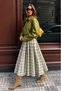 Women's Brown Plaid High-Pleated Long Flared Skirt LZ002