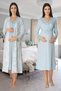 New Season Blue-Patterned Lace-Detailed Button-Up Nursing-Friendly Long-Sleeved Postpartum and Maternity Robe and Nightgown Set - 2