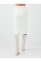 White Midi Knitted Skirt with Slit Detail and Elastic Waistband - 5