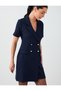Navy Blue Houndstooth-Patterned Jacket-Collar Short-Sleeve Tweed Dress