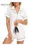 Women’s Summer Pajama Set, Breathable Short Sleeve Loungewear with Collar, White 2-Piece Sleepwear S
