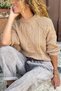 Camel-Colored Loose-Fit Knit Sweater with Raglan Sleeves and Knitted Pattern 60 45