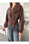 Women's Suede Double-Breasted Wrap Neckline Blazer with Side-Tie and Buckled Details - 6