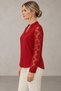 Women's Lace-Sleeve Blouse with Button Collar Detail, V-Neck, Long Sleeves, and Guipure Lace on Elegant Crepe Fabric—A Casual and Timelessly Elegant Blouse - 5