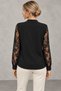 Women's Lace-Sleeve Blouse with Button Collar Detail, V-Neck, Long Sleeves, and Guipure Lace on Elegant Crepe Fabric—A Casual and Timelessly Elegant Blouse - 5