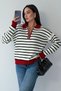 Women's Burgundy Striped Fleece-Lined Polo Collar Sweater - 2