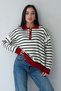 Women's Burgundy Striped Fleece-Lined Polo Collar Sweater