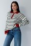 Women's Burgundy Striped Fleece-Lined Polo Collar Sweater - 4