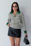 Women's Green Striped Zip-Up Polo Collar Sweater - 3