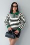 Women's Green Striped Zip-Up Polo Collar Sweater - 4