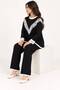 Women's Two-Piece Set with a Crew Neck Featuring Lace Details on the Front and Sleeve Ends, Paired with Corded Fabric Knit Pants - 4