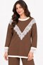 Women's Two-Piece Set with a Crew Neck Featuring Lace Details on the Front and Sleeve Ends, Paired with Corded Fabric Knit Pants - 6