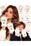 Men's, girls', and adult standard Plush, furry, open- and closed-top, foldable, buttoned gloves—Teddy Bear Print, cream, beige, white
