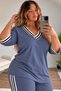 V-Neck Sweatsuit Set with Modal Striped Detail, Plus Size - 3