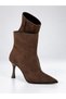 Women's Dark Brown Suede Pointed Toe Zip-Up Boots with Stiletto Heels