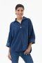 Navy Blue Italian 100% Cotton Velvet Oversized Velvet Blouse with Button Accents, Sizes 40–44