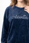Women's Navy Blue Crew Neck Velvet Pajama Set with Embroidery Details and Buckle Detail - 2