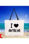 I Love Antalya Black Canvas Beach Bag with Handles, 48x40m, Printed Shoulder Bag, Shopping