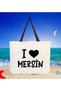 I Love Mersin Black Canvas Beach Bag with Handles, 48x40m, Printed Shoulder Bag, Shopping