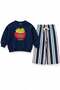Boys' Navy Blue Cotton 3-Ply Fabric Top and Bottom Set with Hamburger Print - 3