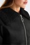 Black Plush Collar and Cuff Jacket with Zip Detail and Hem Details - 3