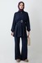 Navy Blue Pleated Two-Piece Suit with a Belt